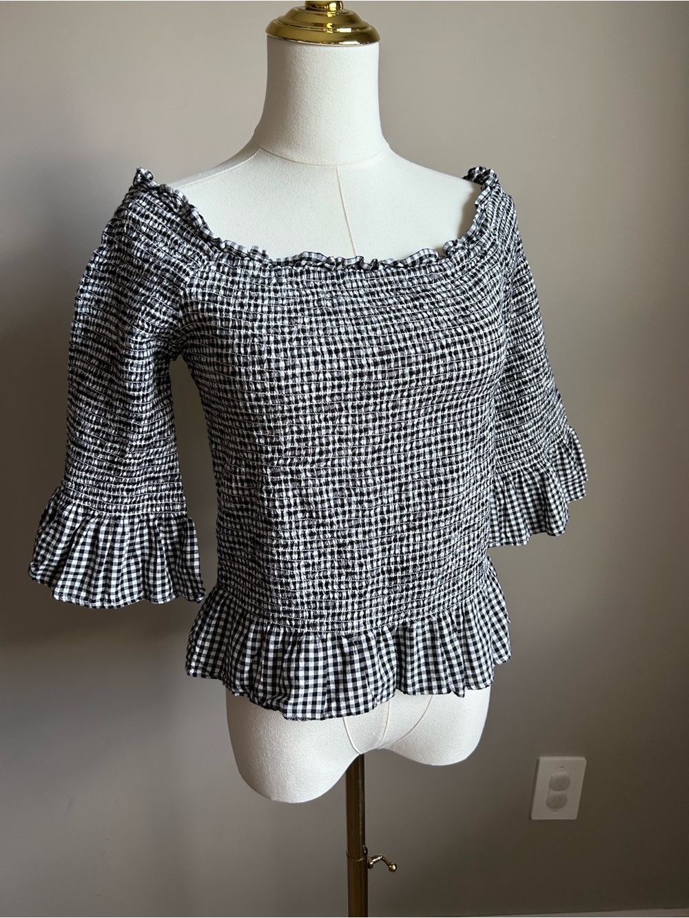 100% cotton Black & White Gingham Smocked Peplum Top summer off the shoulder - Picture 1 of 9